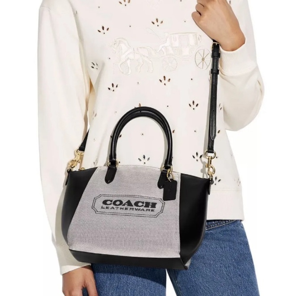 Authentic COACH 1941 jacquard/calf leather logo zip top satchel/Crossbody - Picture 4 of 15